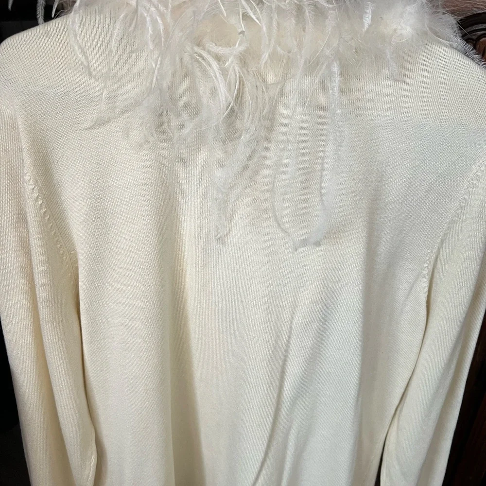 Elegant Cream and Gold Christmas Holiday Women's Sweater with Feather Trim - Picture 16 of 17